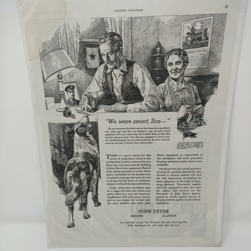 1943 John Deere Advertisement War Bonds Army Navy Flag Dog Country Gentleman