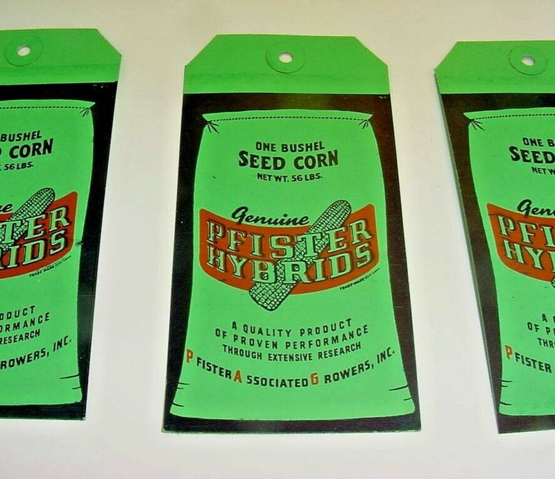 LOT OF 10 ~ UNUSED 1950s vintage PFISTER SEED CORN Old Cloth Bag Tag Sign gallery
