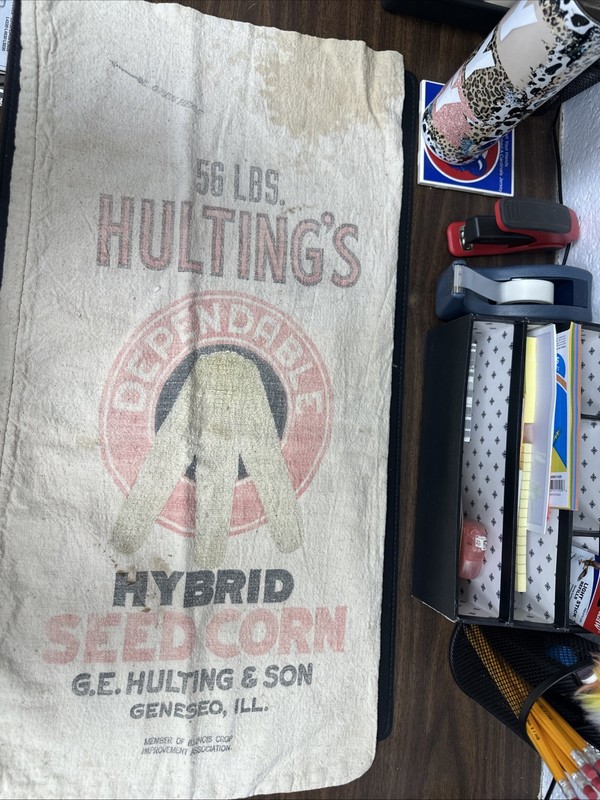Vintage Bushel Hulting’s Dependable Hybrid Seed Corn Cloth Sack Geneseo, ILL