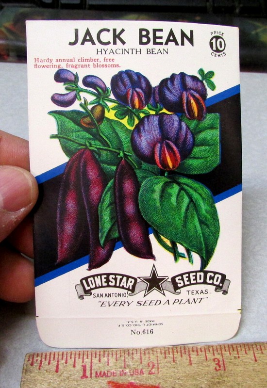 Vintage EMPTY seed pack, JACK BEAN, amazing graphics, 1940s Lone Star Seed