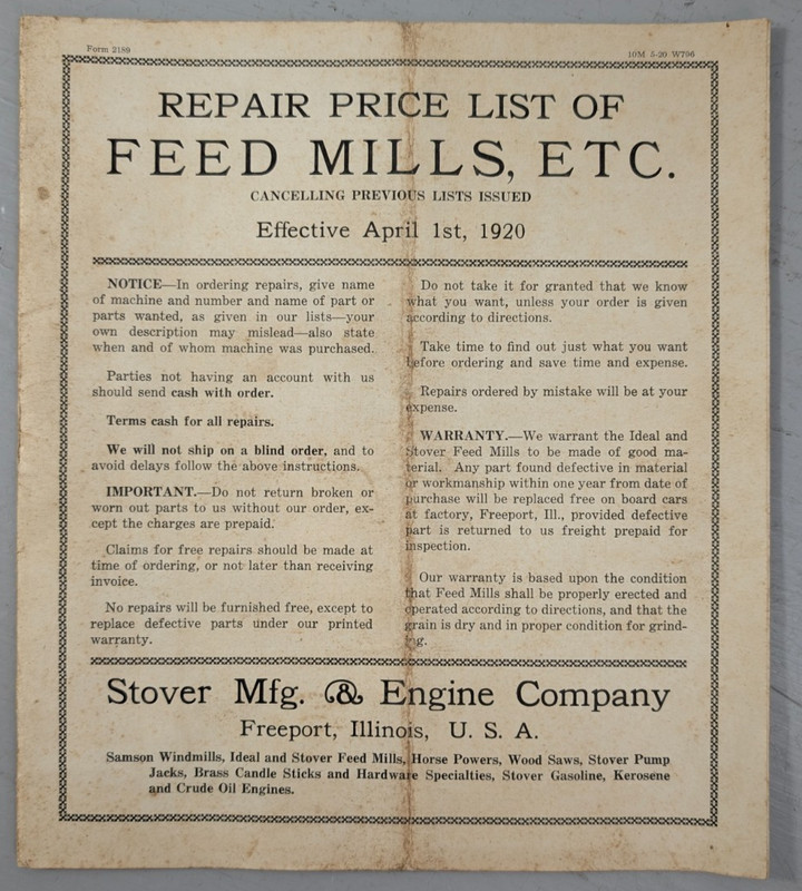 Rare Stover Mfg. & Engine Co. Feed Mill Repair Price List 1920 Antique Farm