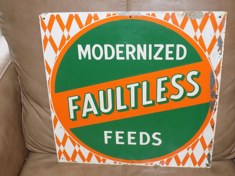 Vintage Modernized Faultless Feeds Thin Metal Gauge Sign