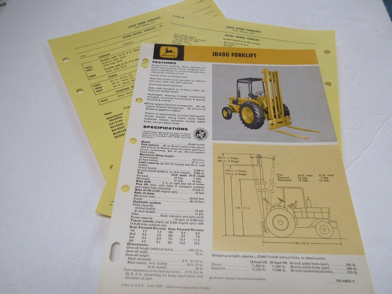 John Deere 480 Forklift 2 Page Sheet With Prices VG Condition