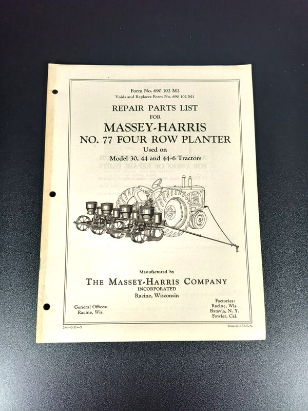 1951 Massey Harris Four Row Planter Repair Parts List Manual Tractor Brochure