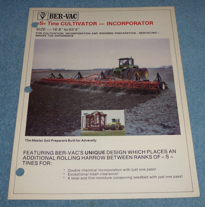 Vintage Ber-Vac S Tine Cultivator-Incorporator Farm Equipment Brochure Specs