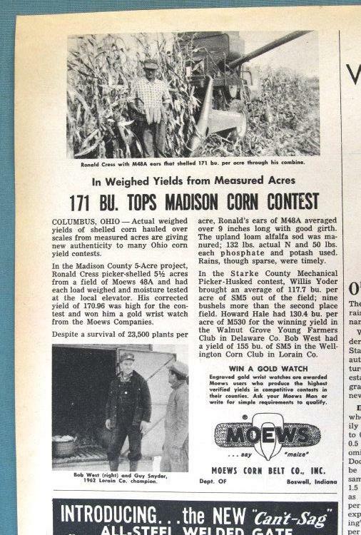 Original 1964 Moews Seed Ad Features Ronald Cress, Madison County, Ohio