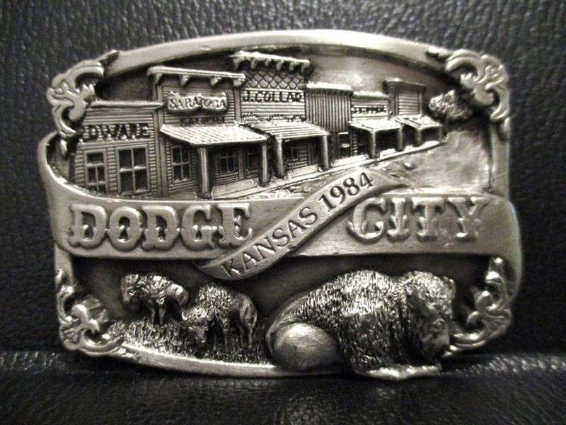 Dodge City Kansas 1984 Pewter Belt Buckle Herds Buffalo Town Stores Santa Fe RR