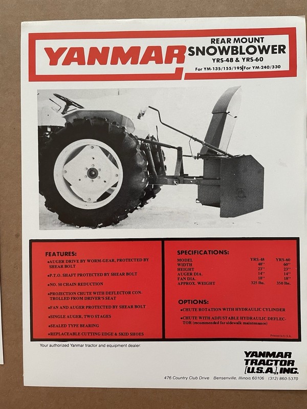Vintage YANMAR TRACTOR Brochure Rear Mount SNOWBLOWER YM-135/155/195 #24