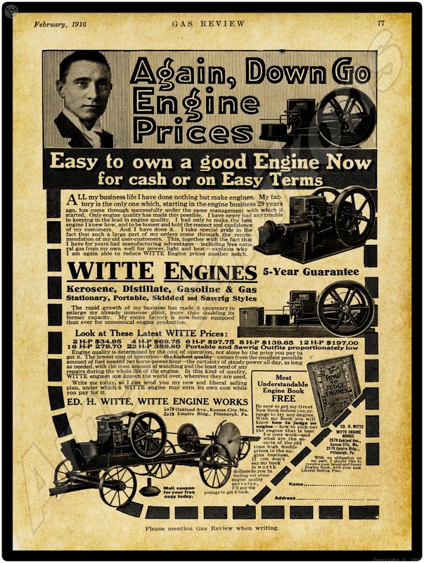 1916 Witte Gas Engines of Kansas City, Missouri New Metal Sign: Large Size