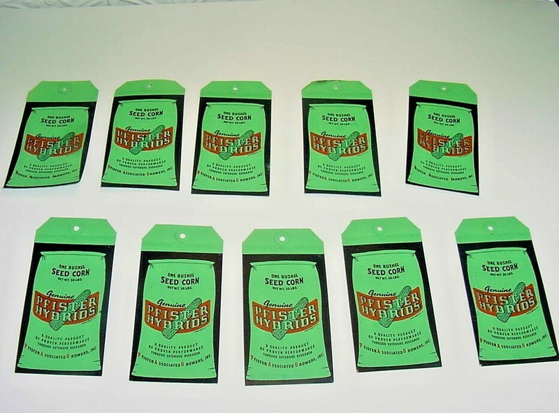 LOT OF 10 ~ UNUSED 1950s vintage PFISTER SEED CORN Old Cloth Bag Tag Sign