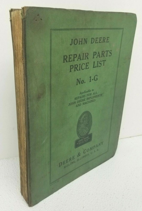 ORIGINAL 1942 JOHN DEERE REPAIR PART PRICE LIST No.1-G Nice JD Binder +updates gallery