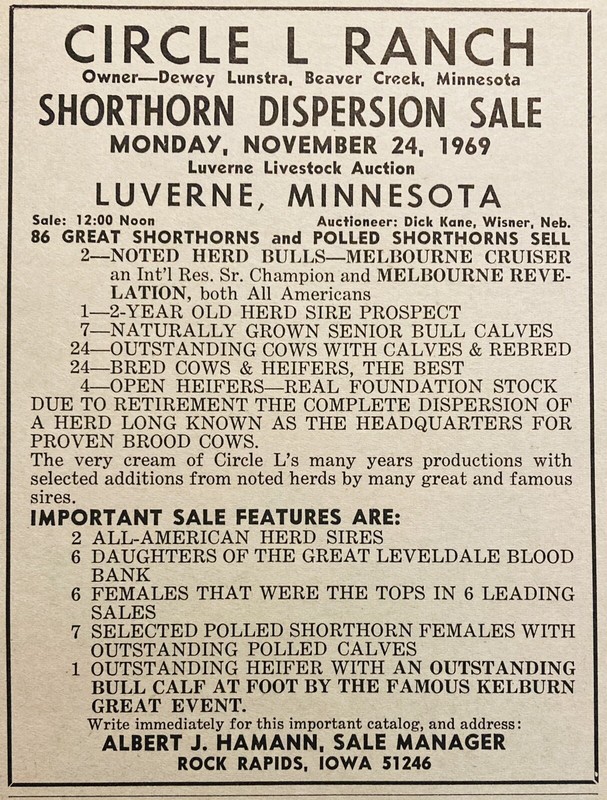 1969 AD.(XH79)~CIRCLE L RANCH SHORTHORN DISPERSION SALE, LUVERNE, MINN.