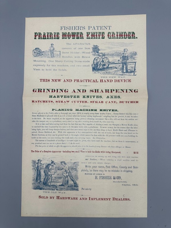 1890s Fisher’s PRAIRIE MOWER KNIFE Grinding SHARPENER Canton OH Advertising FARM