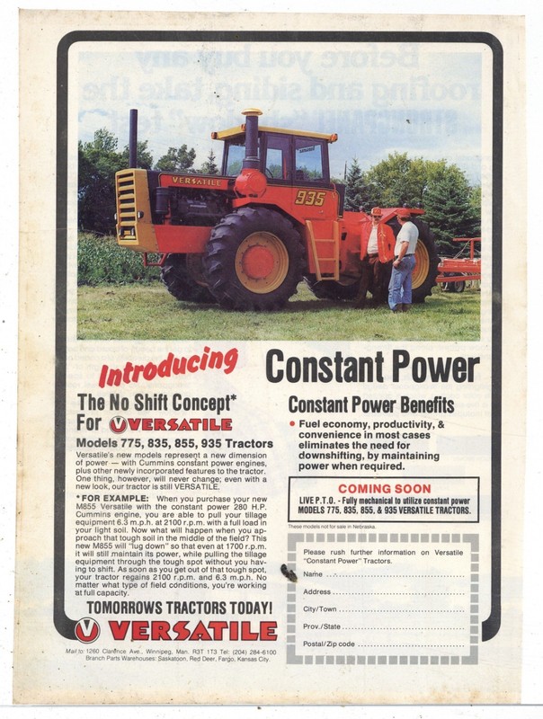1978 Versatile Tractor Ad: Model 935 Constant Cummins Power Pictured