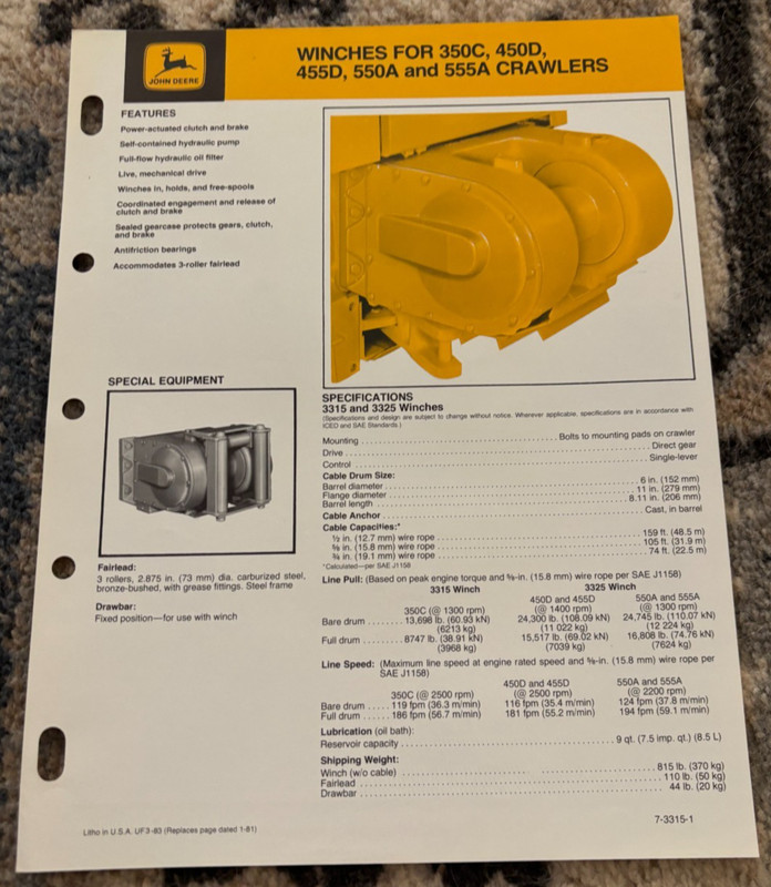 John Deere Winches For 350D 355E 450E 550B Crawlers For 1983 Brochure CWPA26