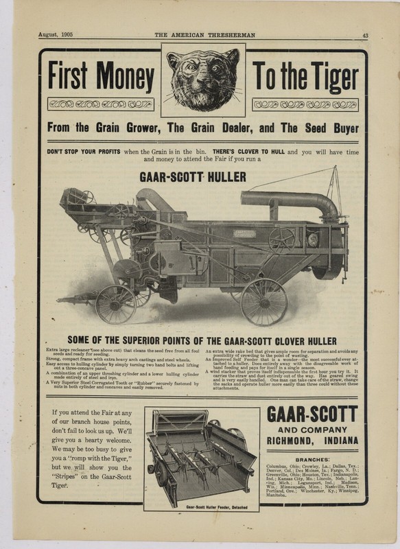 1905 Gaar Scott Ad: Clover Huller – First Money to the Tiger! – Richmond Indiana