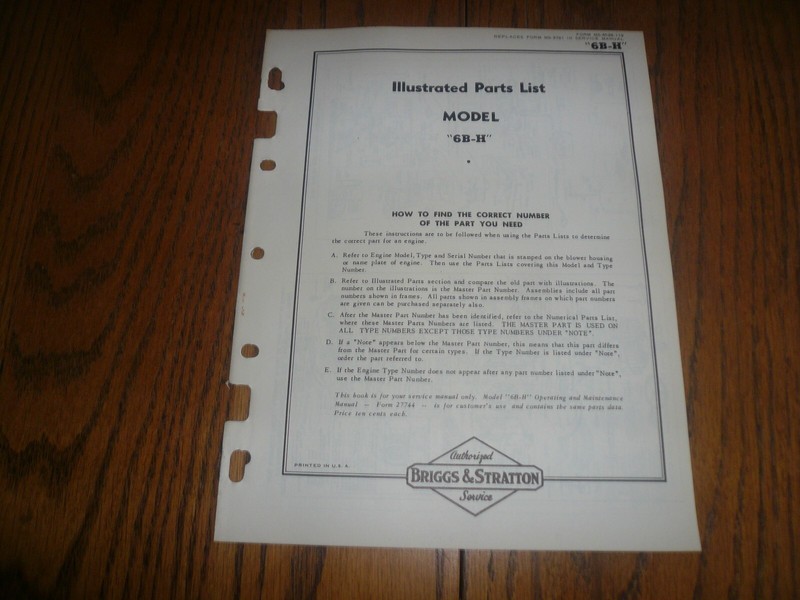 Briggs Stratton Illustrated Parts List Model 6B-H