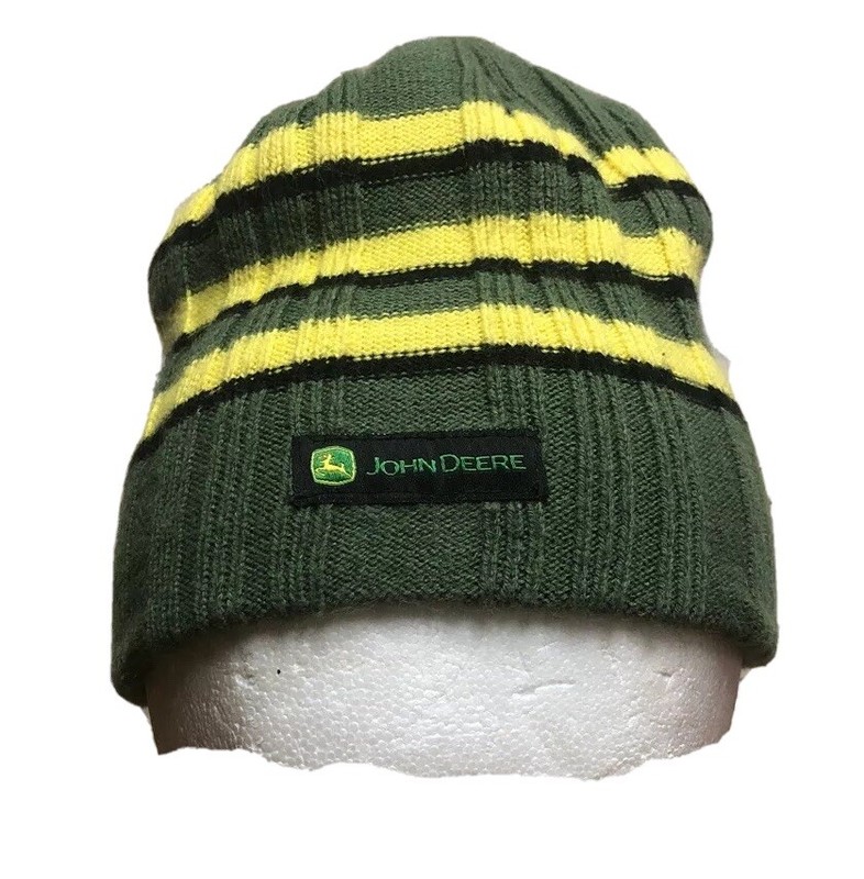 John Deere Beanie Cable Knit Cap Hat 100% Acrylic Green & Yellow Stripes EUC