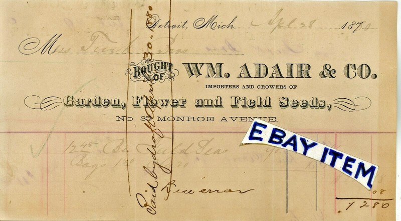 1880 DETROIT MICHIGAN Billhead WILLIAM ADAIR & COMPANY Monroe Avenue SEEDS