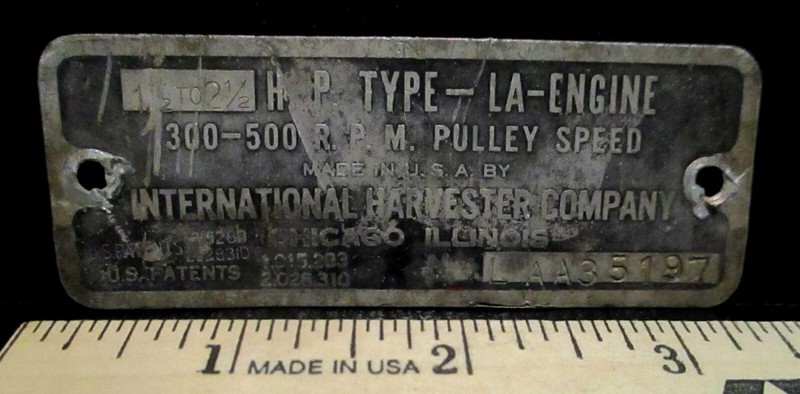 IH International Harvester McCormick LA Engine Serial Number Plate ID Tag Emblem