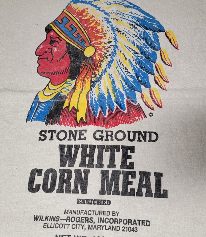 Vtg Rare Indian Head Stone Ground White Corn Meal Sack Bag Fabric 100lbs 36x20in gallery