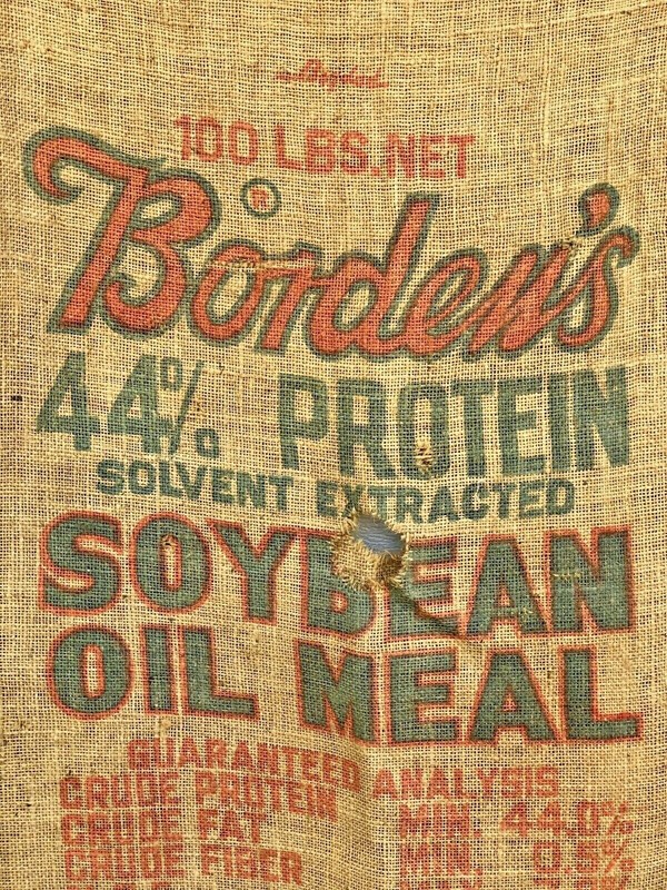 Vintage Borden's Soybean Oil Meal Burlap Bag Farm Sack 100 lbs Kankakee Illinois gallery