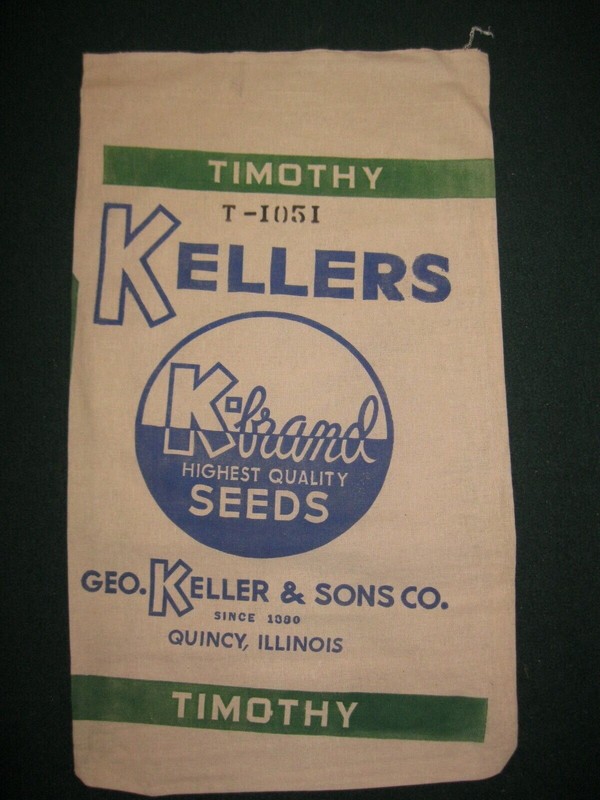 VINTAGE KELLERS K-BRAND,QUINCY ILLINOIS, NEW OLD STOCK TIMOTHY CLOTH SEED SACK