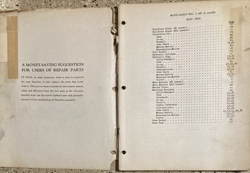 MASSEY HARRIS REPAIR PARTS LIST FRONT END LOADER NO.5 NO.10 FORM 690 115 M1 gallery