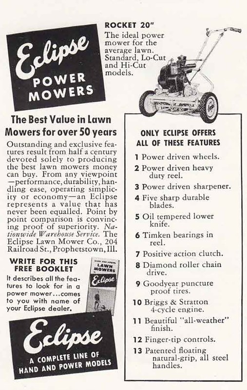 1950 Eclipse Power Mowers: Rocket 20 Vintage Print Ad