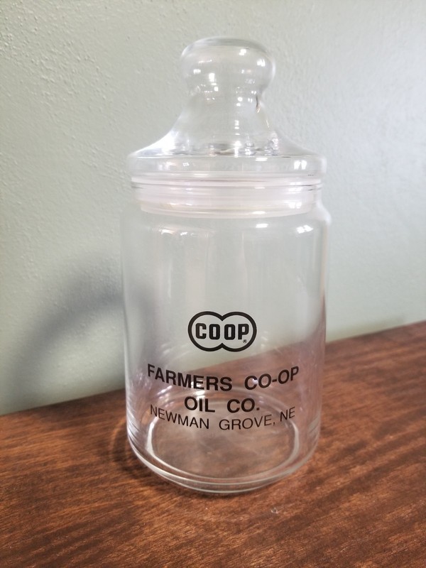 Apothecary Jar Vintage Advertising Glass with Lid Farmer’s Co-op Oil Company