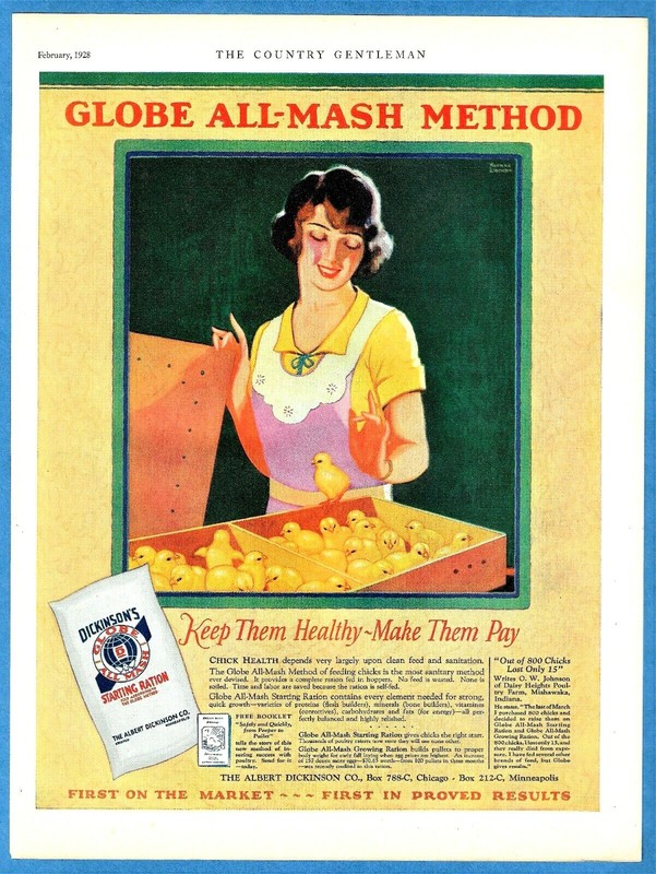 1928 GLOBE ALL-MASH BABY CHICK FEED AD ~ ARTWORK BY NORMAN ERICKSON