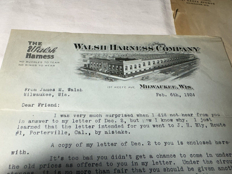 1924 Correspondence Letter Check Walsh Harness Co Milwaukee Wis Farming Farmers gallery