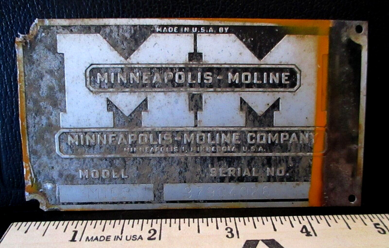MM Minneapolis Moline M168 Windrower Serial Number Plate ID Tag Sign Data Emblem