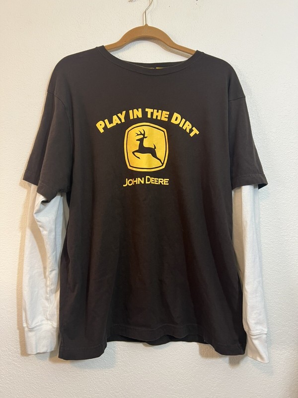 JOHN DEERE Brown W/ White Sleeves Play In The Dirt Long Sleeve Size Large