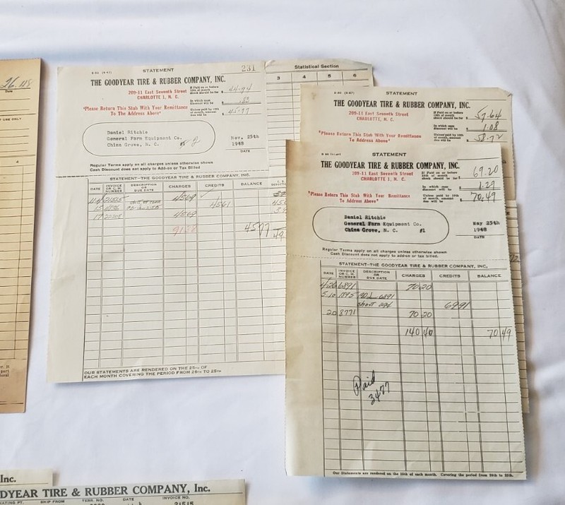 HUGE LOT of VINTAGE 1948 Goodyear Tire Rubber Invoice Tractor Farm Eq Concord NC gallery