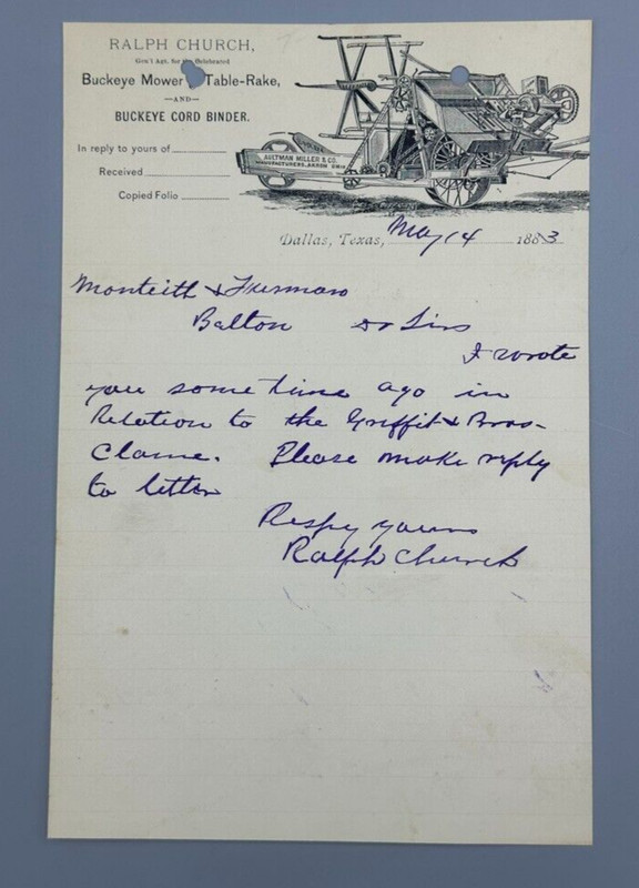 1883 AULTMAN MILLER Farm BUCKEYE Mower DALLAS TEXAS Antique Letter Advertising