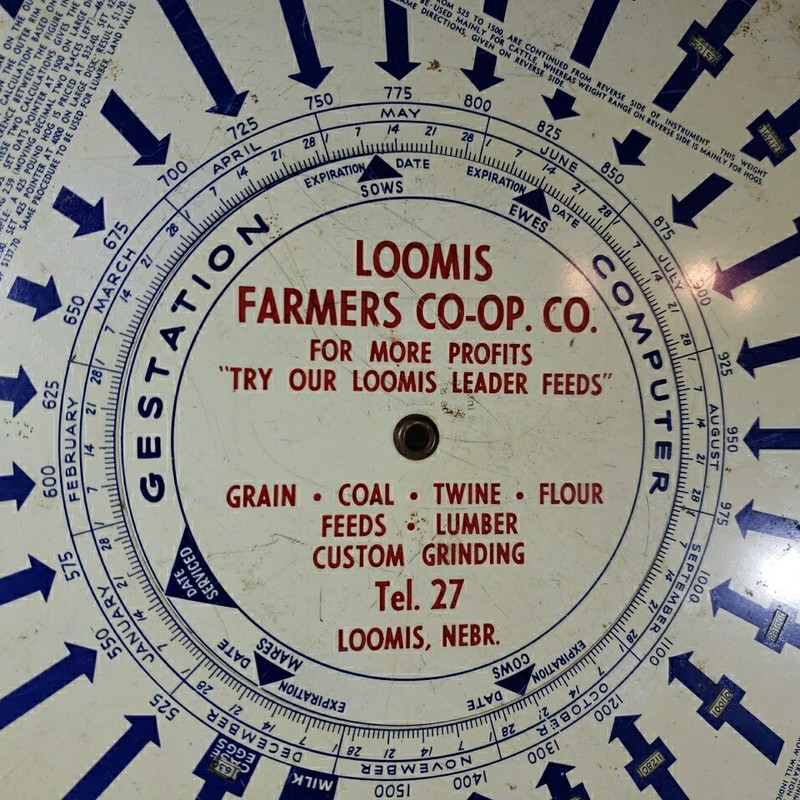 Farm/Gestation Calculator Loomis Farmers Co-Op Co. Loomis, Nebr 1950's 12" Dia gallery