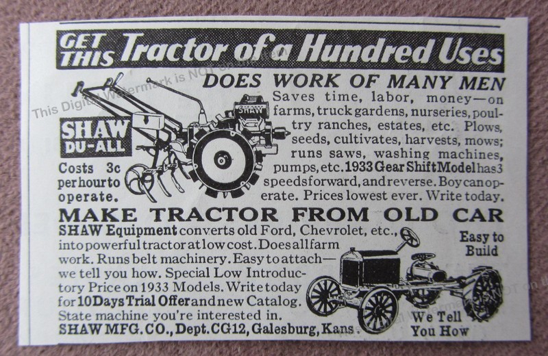 1932 Print Ad Make Tractor From Old Car Shaw Mfg Co Galesburg Kansas Shaw Du-All