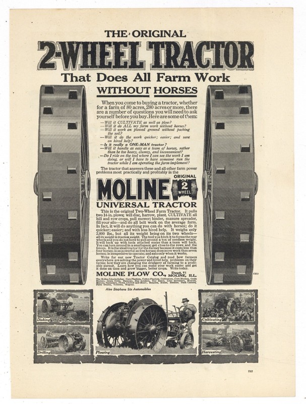 1917 Moline Plow Co. Ad: The Original Two Wheel Tractor – No Horses!
