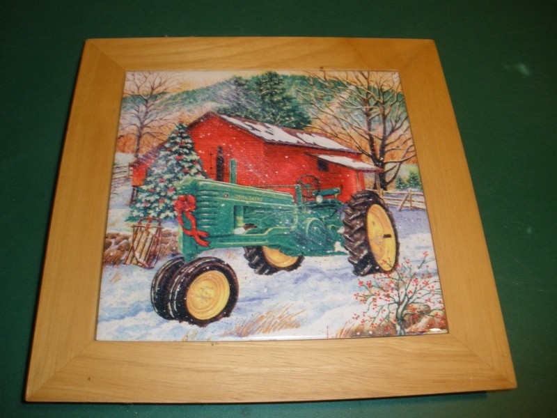 John Deere Tractor Trivet Tile/Wall Hanging With Wooden Frame Christmas