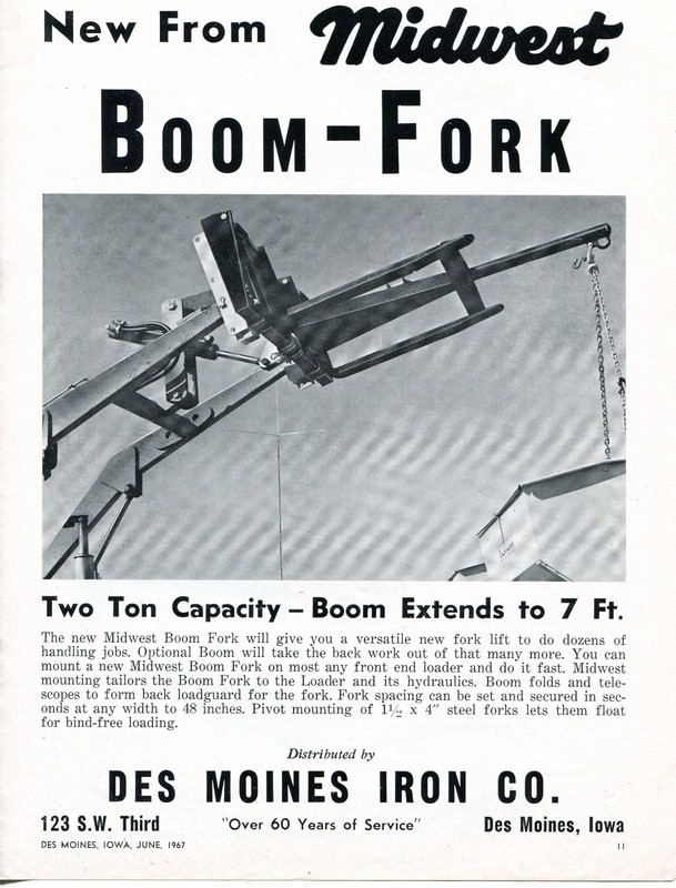 1967 Print Ad of Des Moines Iron Co Midwest Tractor Boom-Fork
