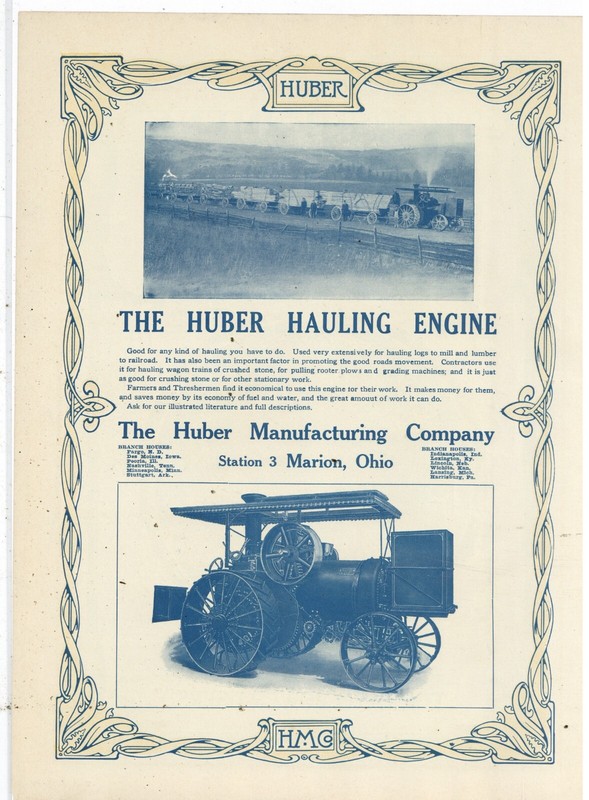 1911 Huber Mfg. Co. Ad: The Huber Hauling Engine – Pulling 6 Lumber Trailers