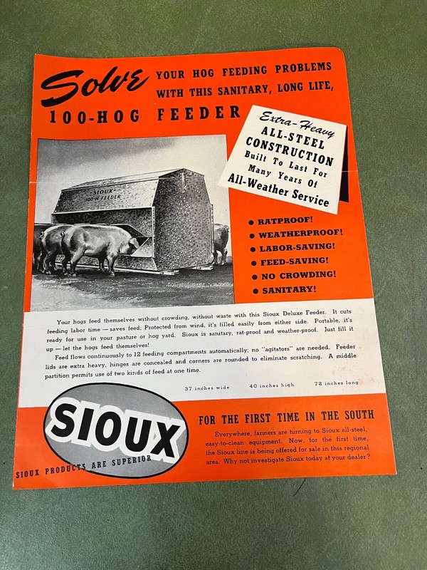 Original Sioux Hog Feeder & Farm Equipment Brochure