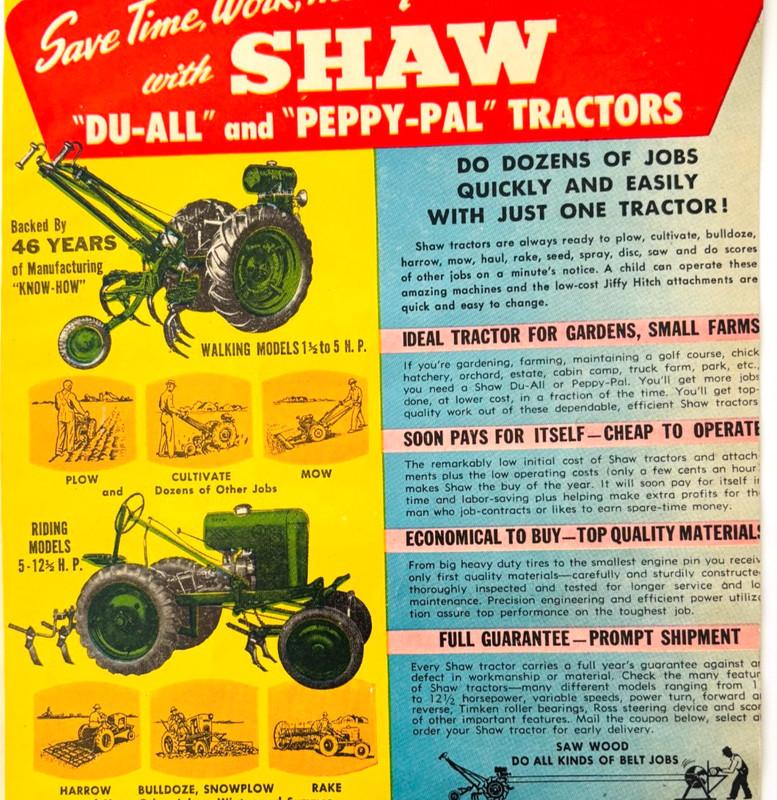 1949 Shaw Garden Tractors Peppy Pal Advertisement Agriculture Machinery DWU16B