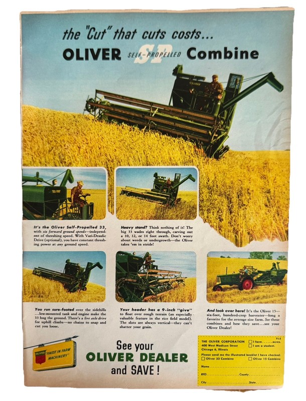 Oliver 33 Self-Propelled Combine Vintage Print Ad Agriculture Advertising dealer