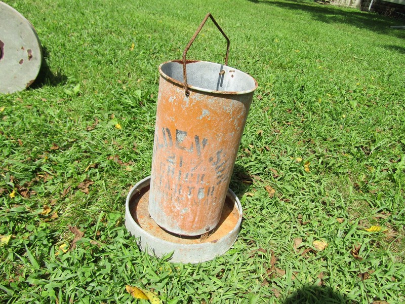Vintage Golden Sun Feed Advertising Primitive Metal Farm Chicken Feeder