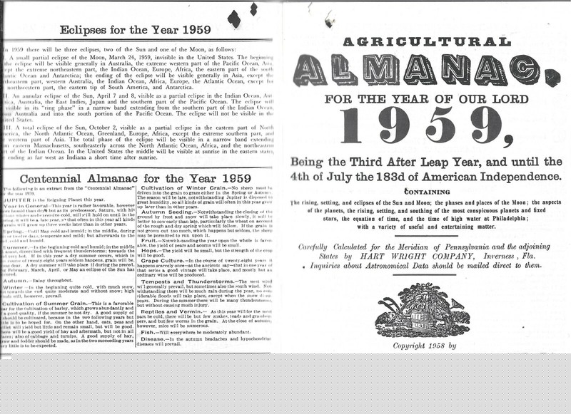 AGRICULTURAL ALMANAC FOR THE YEAR 1959, JOHN BAERS SONS, LANCASTER,PA. gallery