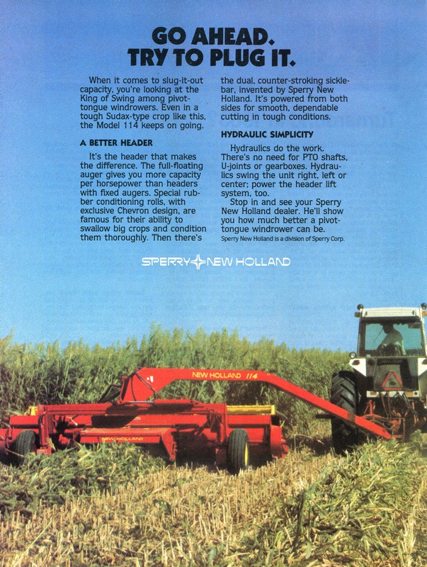 1982 Print Ad of Sperry New Holland 114 Pivot Tongue Windrower Tractor