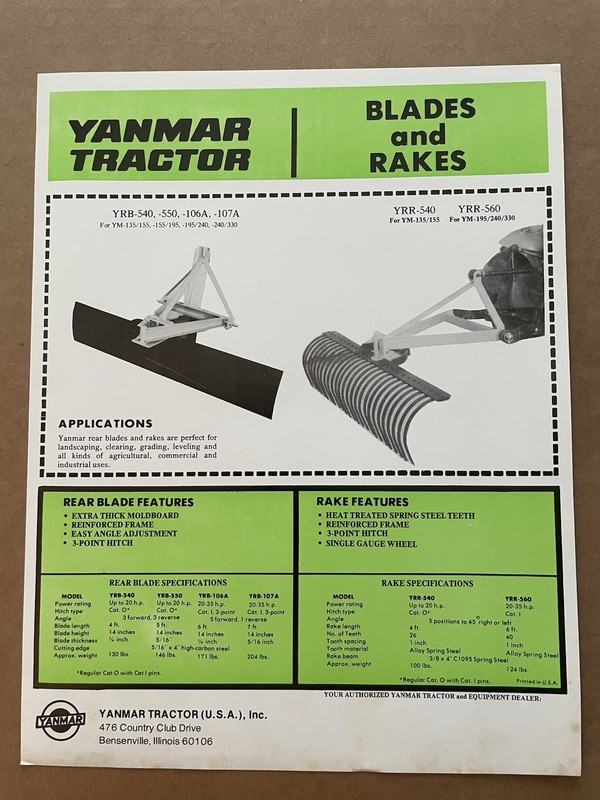 Vintage YANMAR DIESEL ENGINE Cut-Out Brochure Japan BLADES and RAKES uncut #1