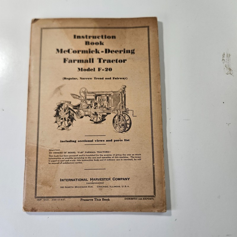 Excellent Orig 1937 I-H McCormic Deering F-20 Tractor Instruction Book